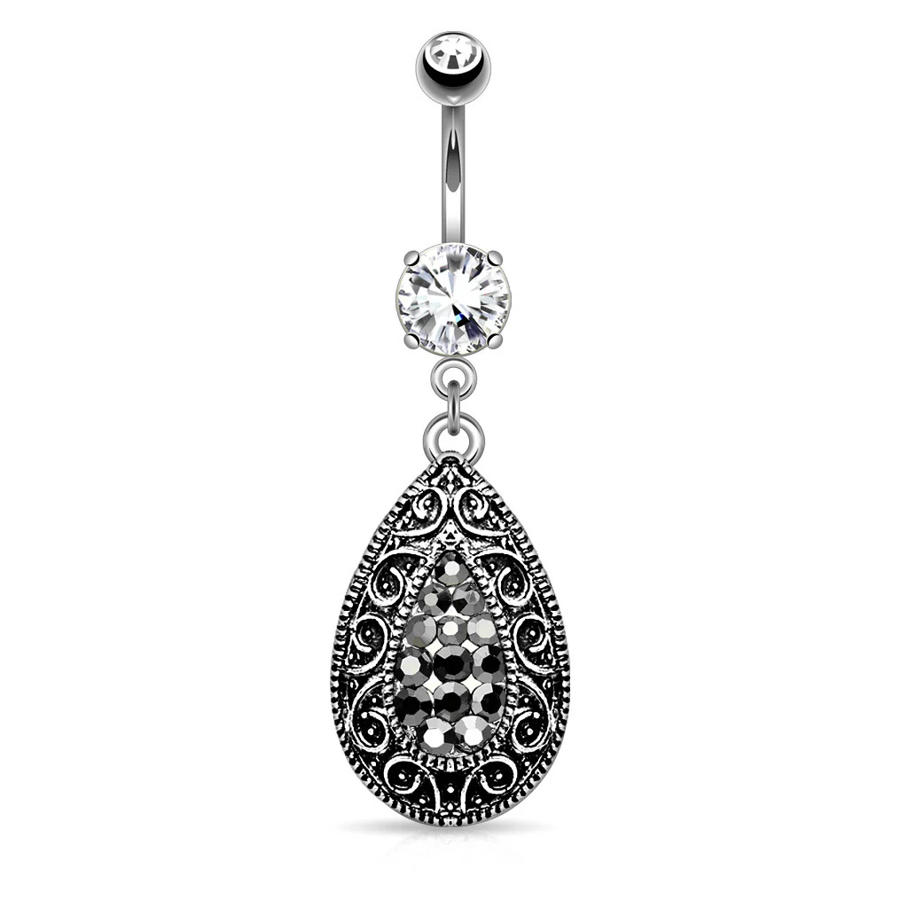 Gem Paved Pear Drop with Black CZ Dangle Navel Belly Button Ring