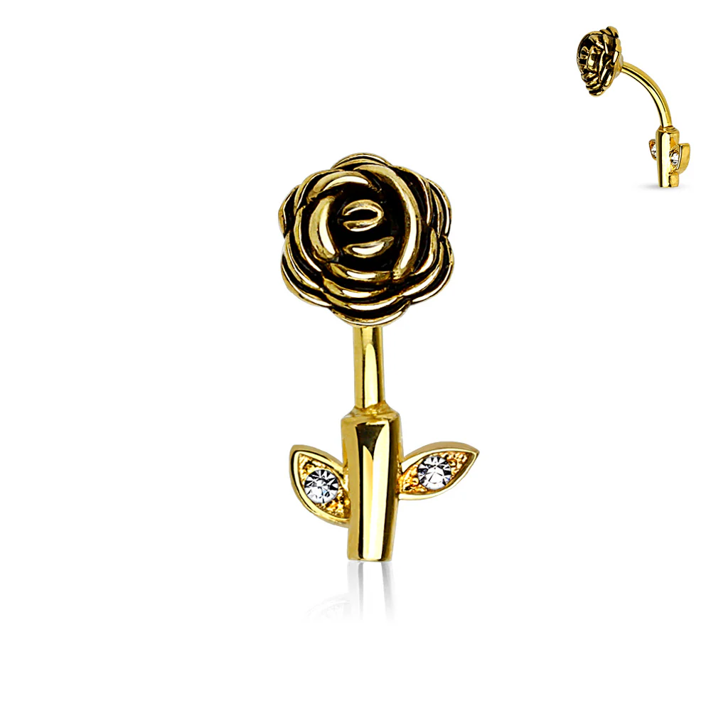 Gold CZ Rose Stem 316L Surgical Steel  Surgical Steel Navel Belly Button Ring - Image 2