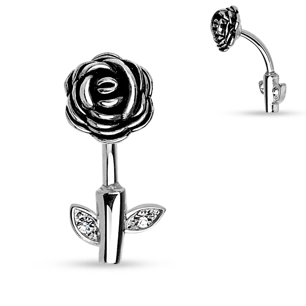 Gold CZ Rose Stem 316L Surgical Steel  Surgical Steel Navel Belly Button Ring - Image 3
