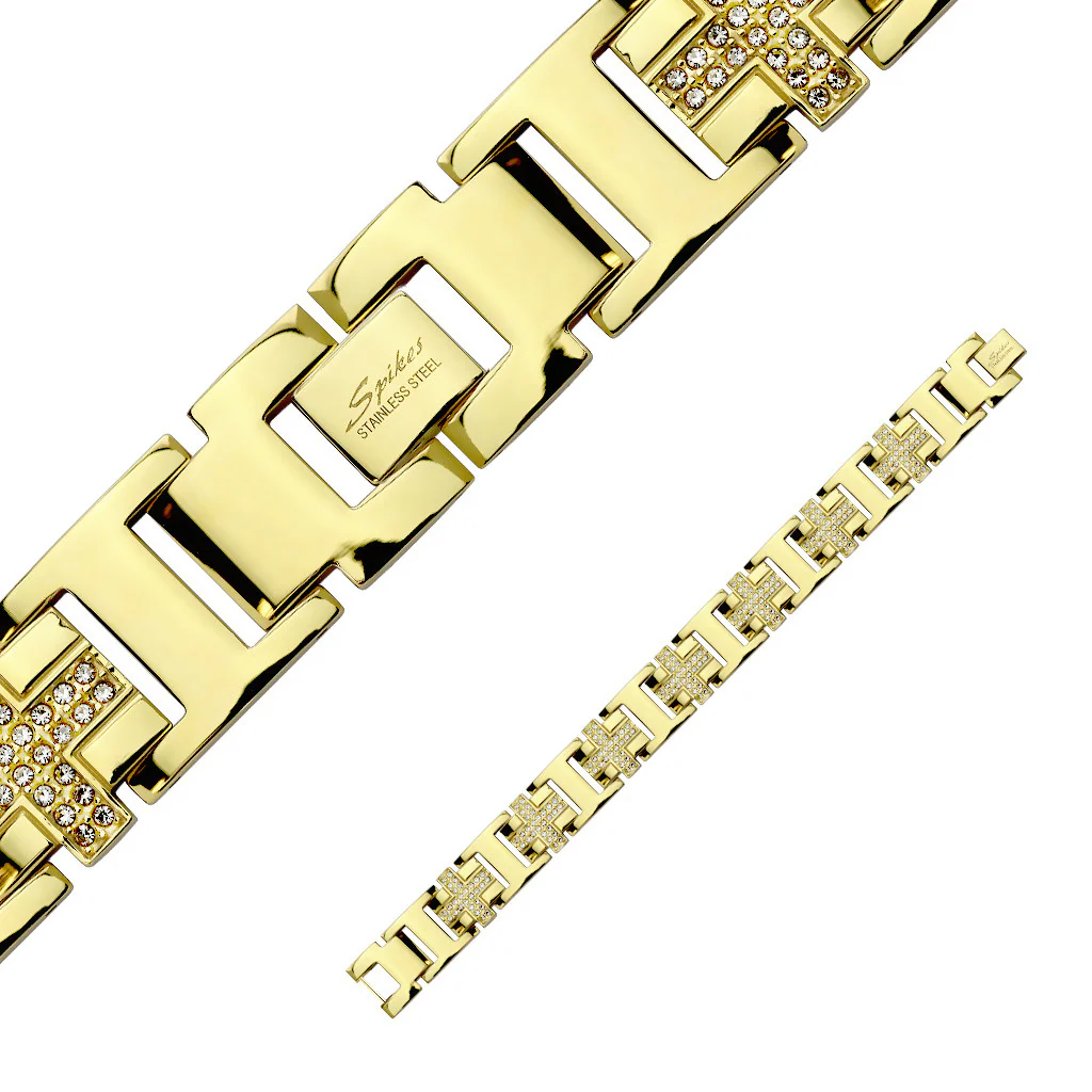 Gold IP over Stainless Steel Bracelet with Gem Paved Crosses - Image 2
