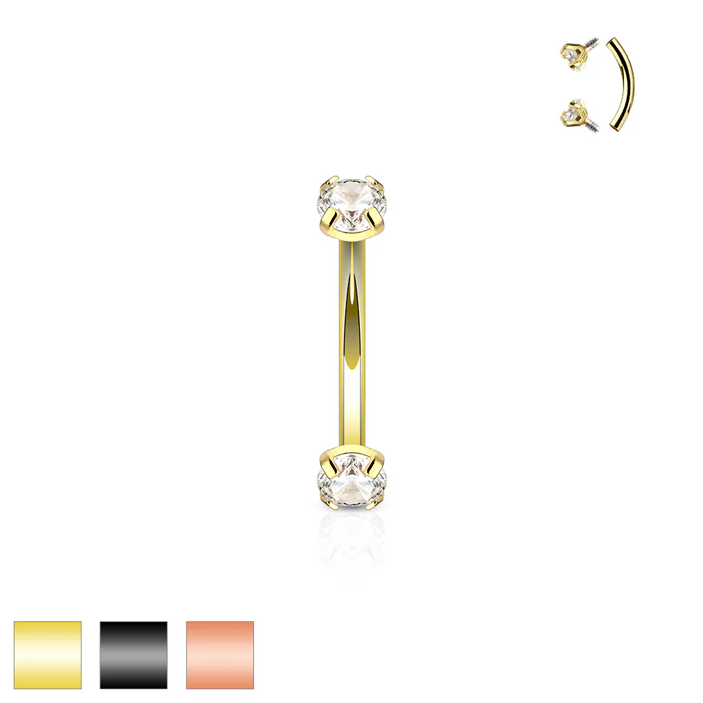 Gold Rose Gold Prong Set CZ Top Curved Barbell Eyebrow Rings