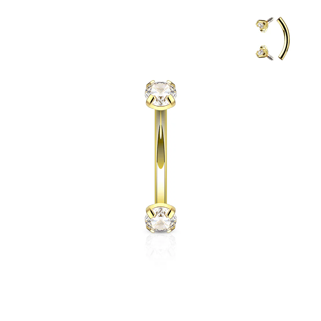 Gold Rose Gold Prong Set CZ Top Curved Barbell Eyebrow Rings - Image 2