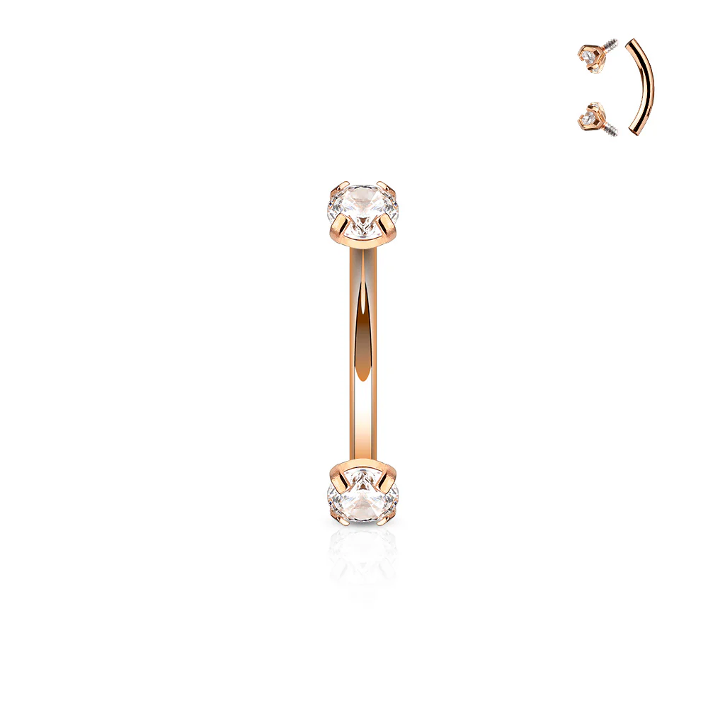 Gold Rose Gold Prong Set CZ Top Curved Barbell Eyebrow Rings - Image 4