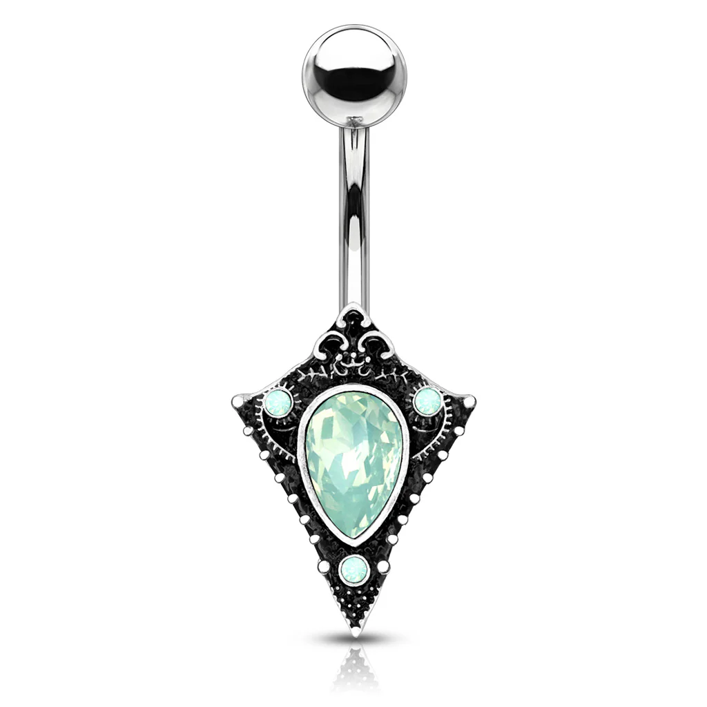 Green Opalite Crystal Tribal Shield Navel Belly Button Ring - Image 3