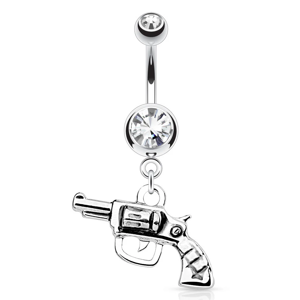 Gun Dangle Clear Gem Top Surgical Steel Navel Belly Button Ring