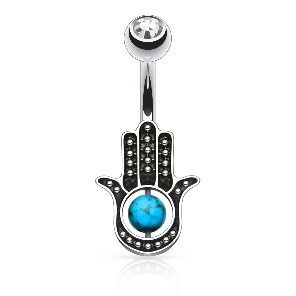 Hamsa Hand with Stone Palm Surgical Steel Belly Button Navel Ring - Image 2