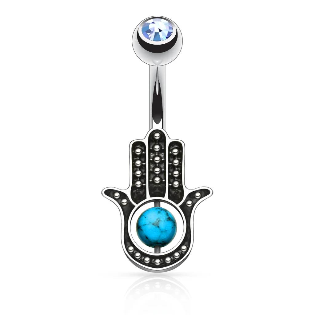 Hamsa Hand with Stone Palm Surgical Steel Belly Button Navel Ring - Image 3