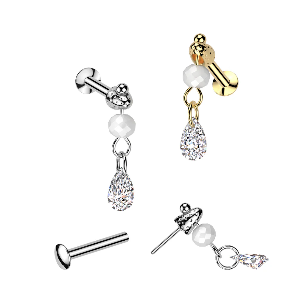 TearDrop CZ & Bead Dangle Threadless Push In Labret Tragus Snug Ear Cartilage - Image 2