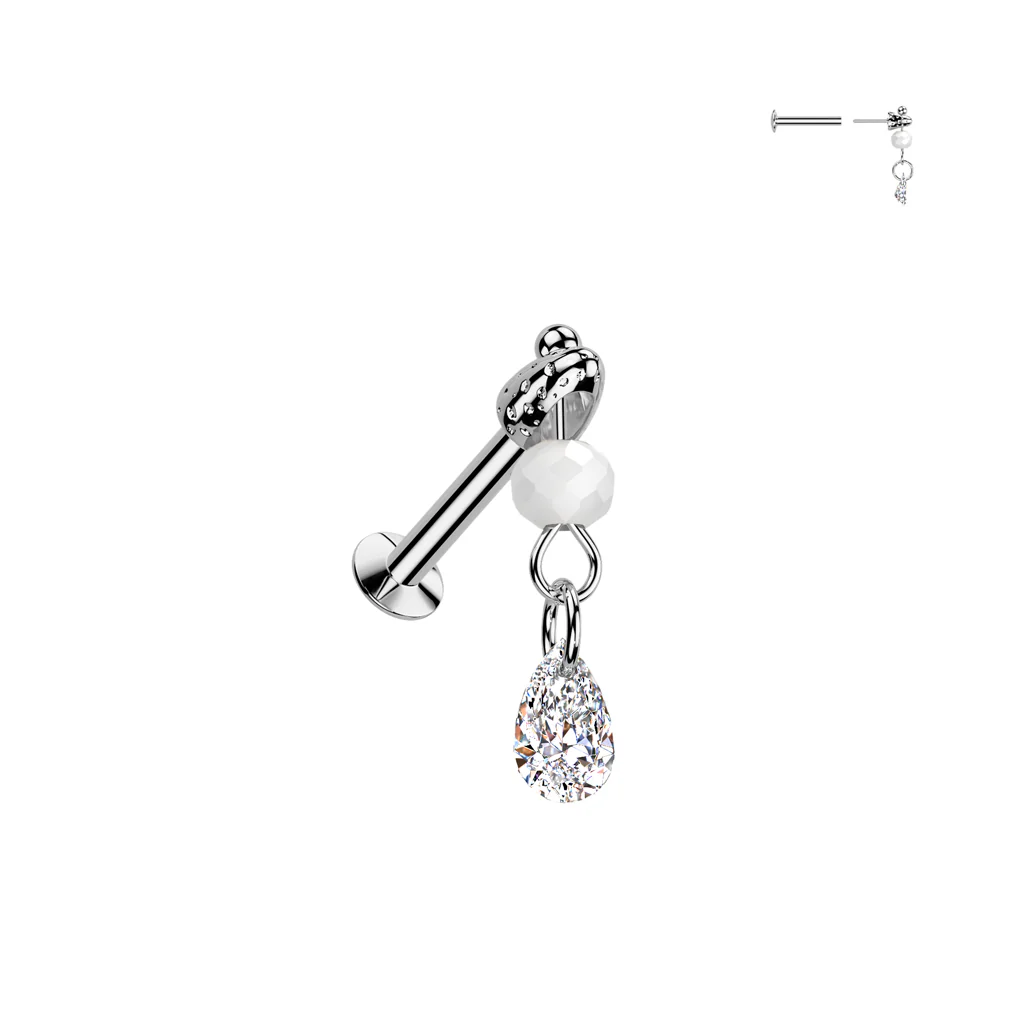 TearDrop CZ & Bead Dangle Threadless Push In Labret Tragus Snug Ear Cartilage - Image 3