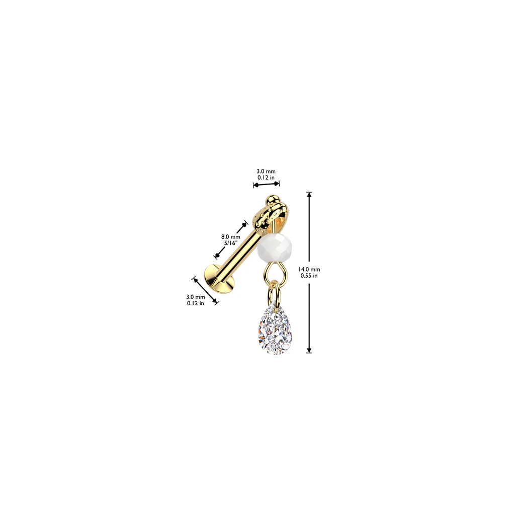 TearDrop CZ & Bead Dangle Threadless Push In Labret Tragus Snug Ear Cartilage - Image 4