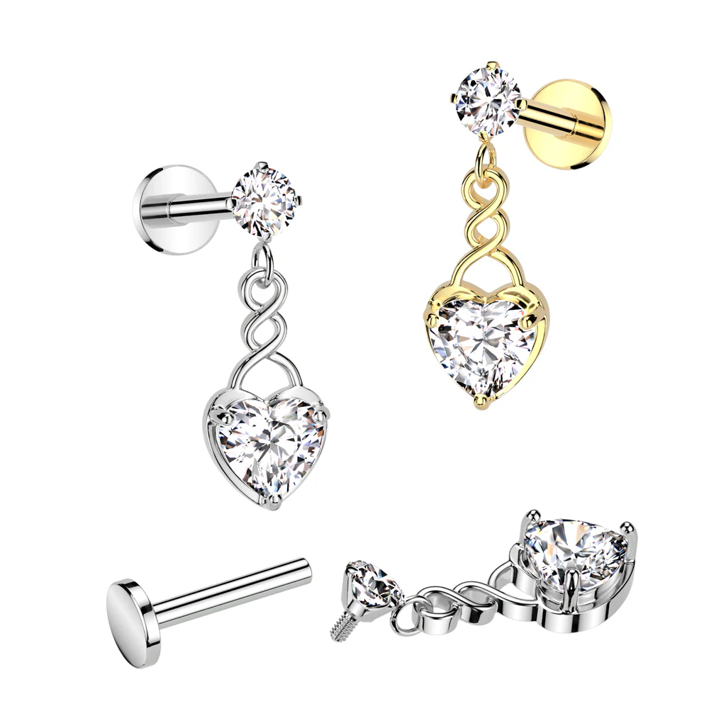 Prong Set CZ & Heart CZ Dangle Labret Ear Cartilage Tragus - Image 3