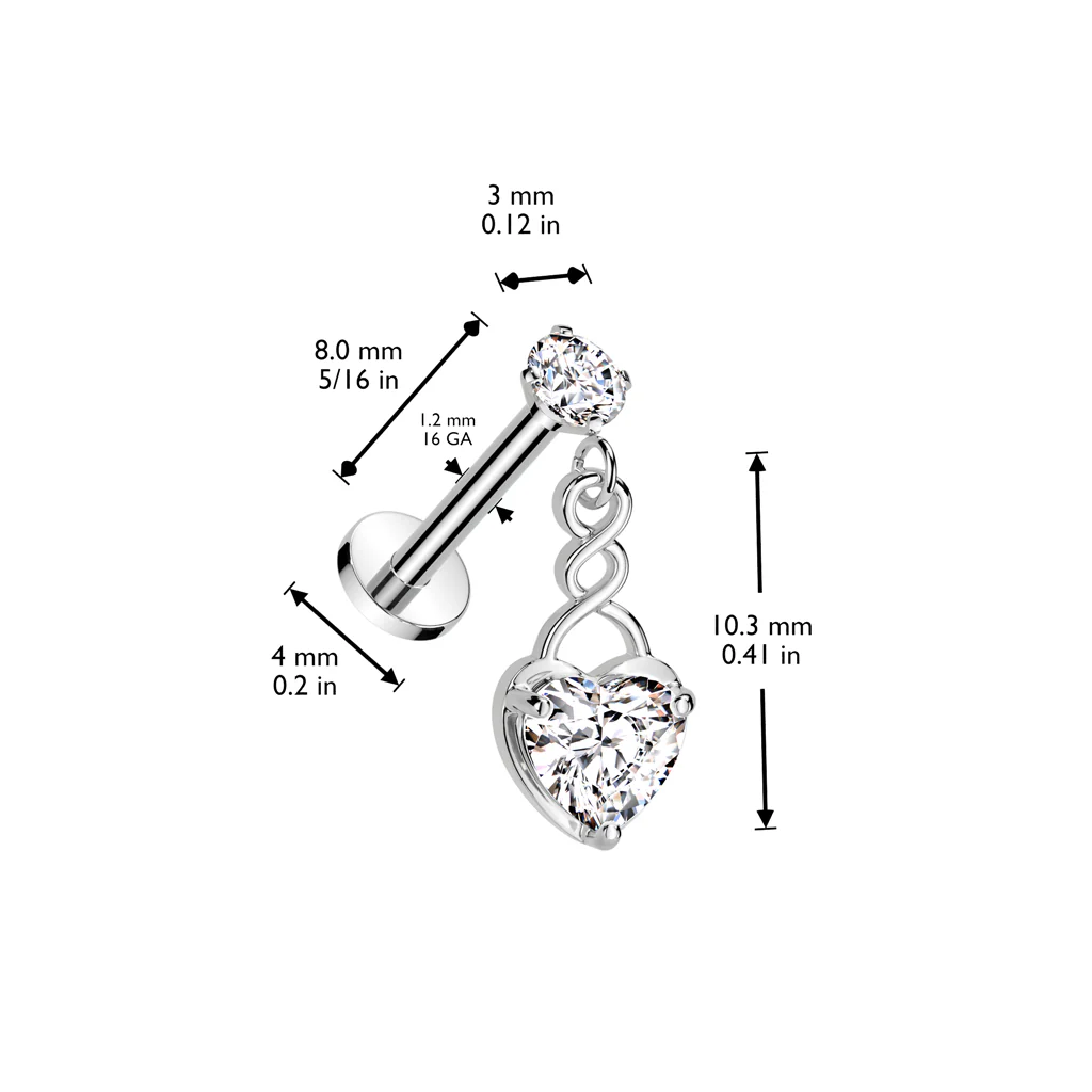 Prong Set CZ & Heart CZ Dangle Labret Ear Cartilage Tragus - Image 4