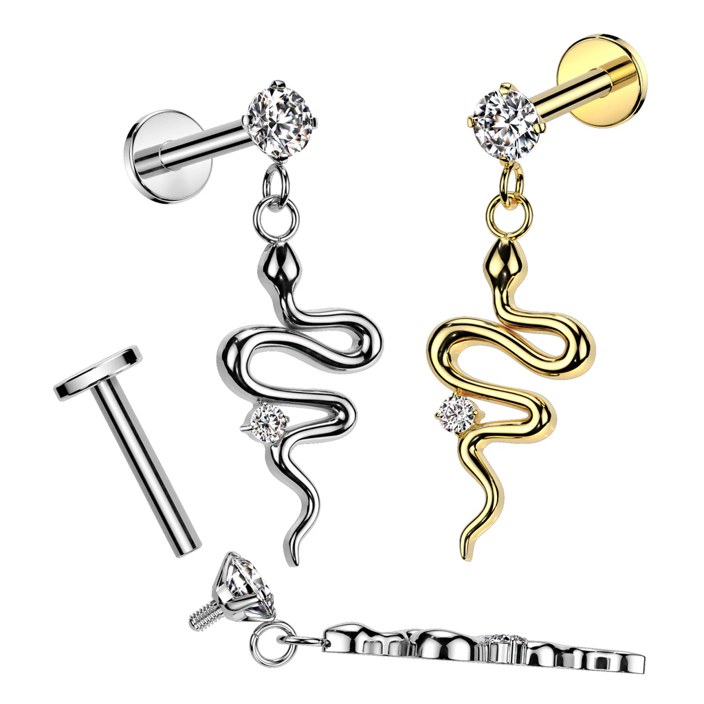 Prong Set CZ Top With Snake Dangle Labret Ear Cartilage Tragus - Image 2