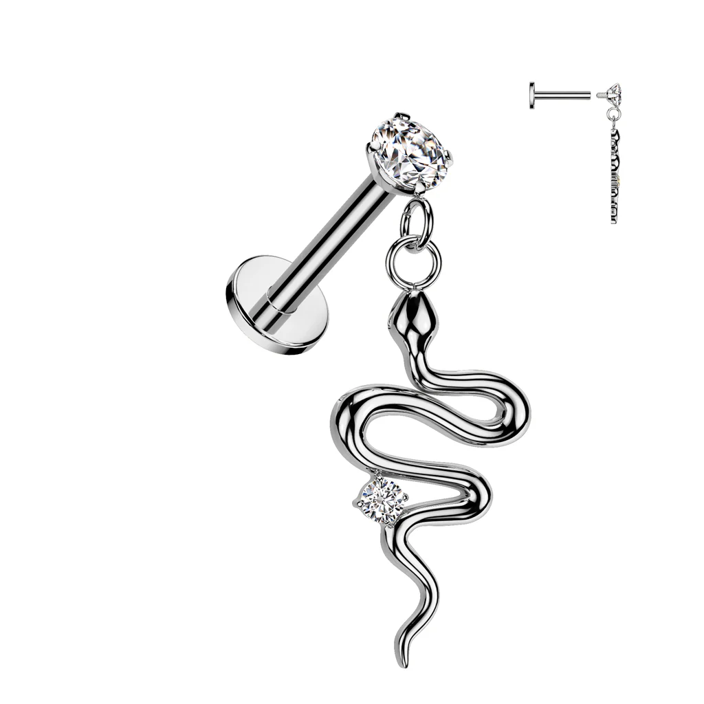 Prong Set CZ Top With Snake Dangle Labret Ear Cartilage Tragus - Image 3