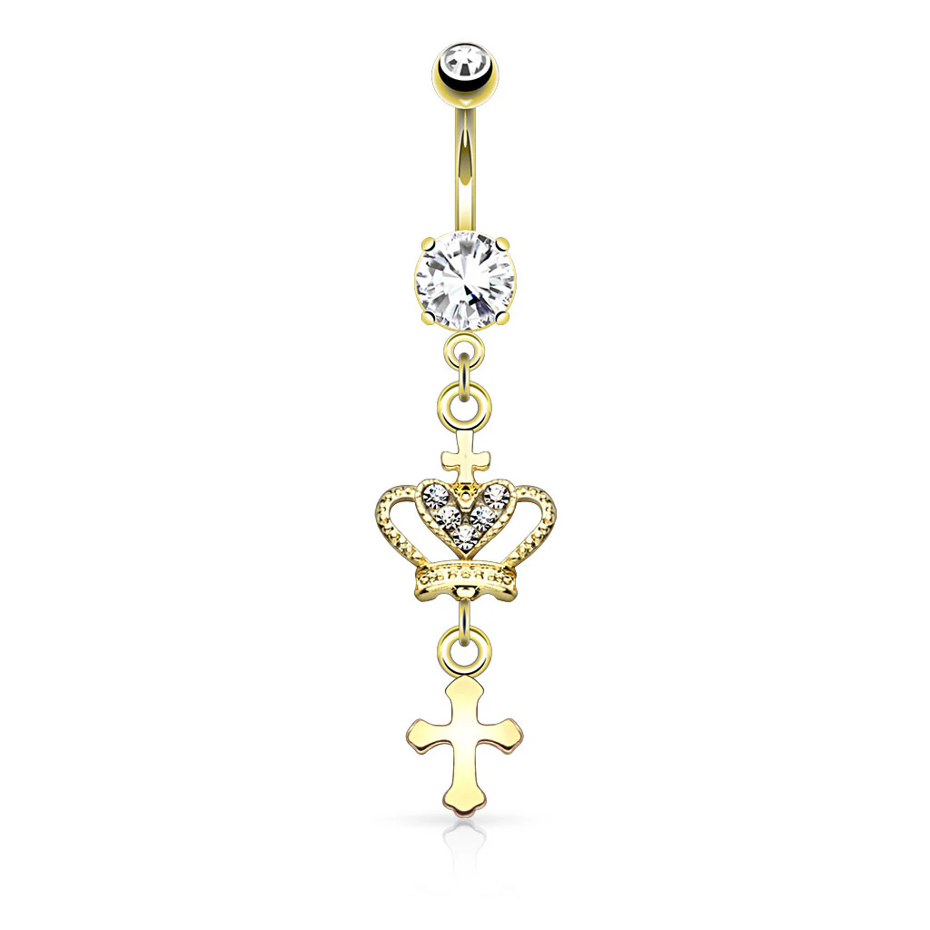 Heart CZ Crown with Cross Dangle Navel Belly Button Ring - Image 3