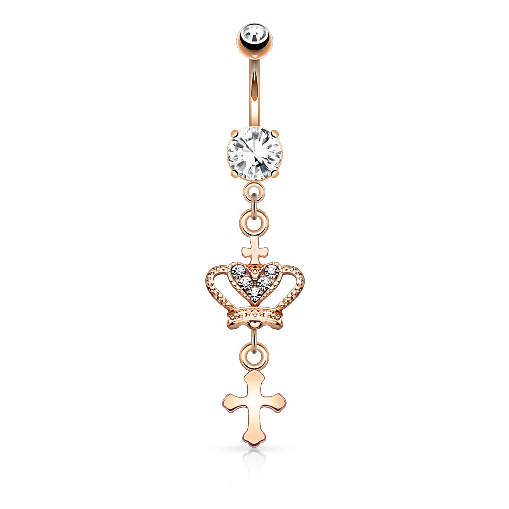 Heart CZ Crown with Cross Dangle Navel Belly Button Ring - Image 4