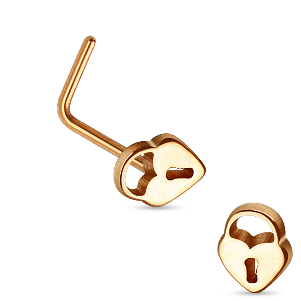 Heart Lock Top 316L Surgical Steel "L" bend Nose Stud Rings - Image 3