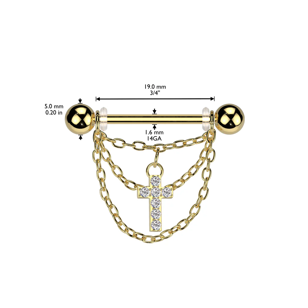 Pair Triple Chain and CZ Pave Cross Dangle Nipple Shield Rings - Image 2
