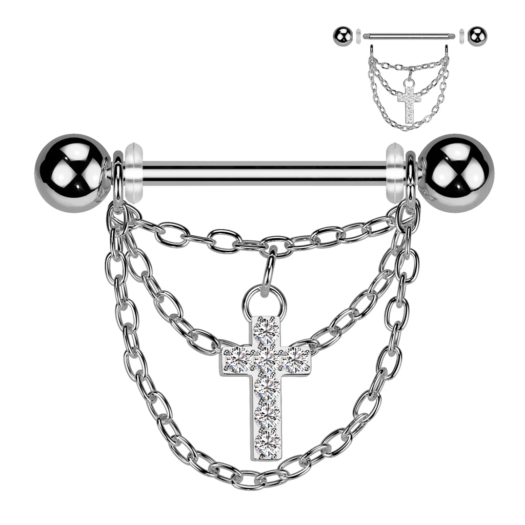 Pair Triple Chain and CZ Pave Cross Dangle Nipple Shield Rings - Image 3