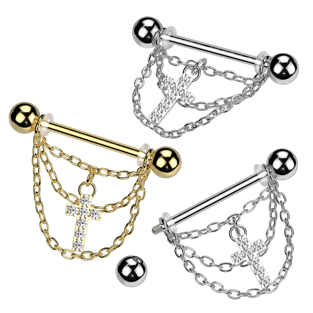 Pair Triple Chain and CZ Pave Cross Dangle Nipple Shield Rings - Image 4