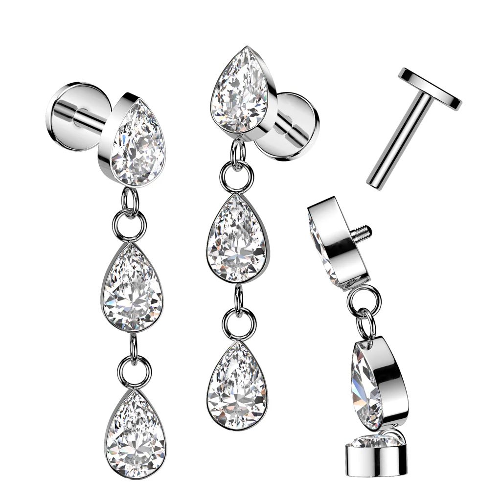 Titanium 3 Teardrop CZ Bezel Set Dangle Top Labret Tragus Helix - Image 3