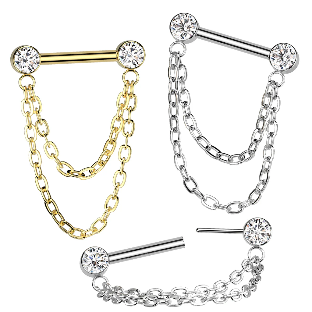 Titanium Threadless Push In Barbells With Facing CZ Chain Tragus Nose Septum - Image 2