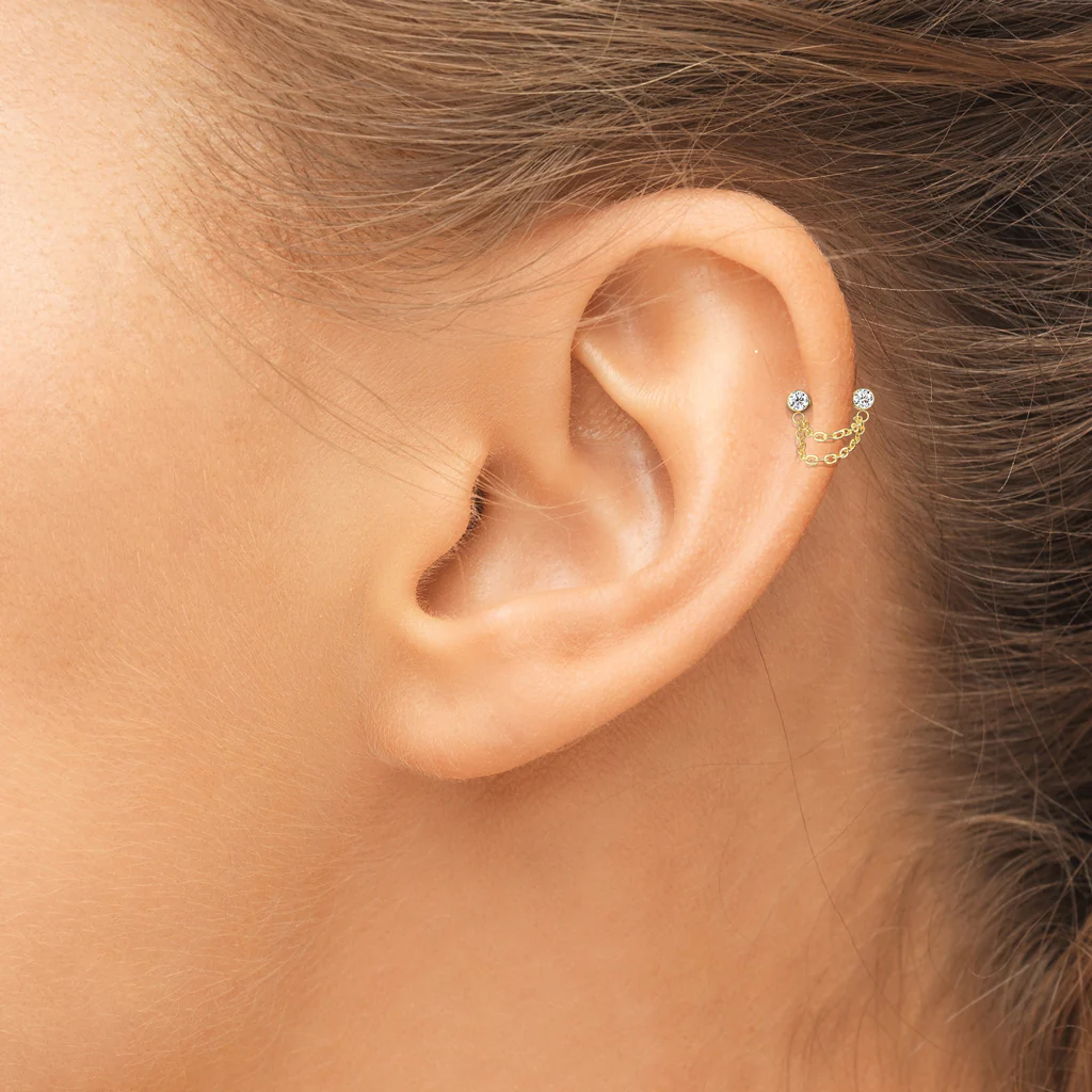 Titanium Threadless Push In Barbells With Facing CZ Chain Tragus Nose Septum - Image 3