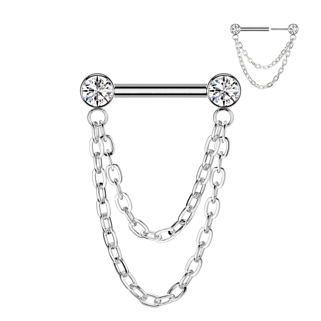Titanium Threadless Push In Barbells With Facing CZ Chain Tragus Nose Septum - Image 5