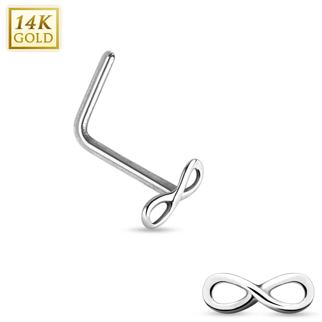 Infinity Sign End 14K White Solid Gold L Bend Nose Stud Ring