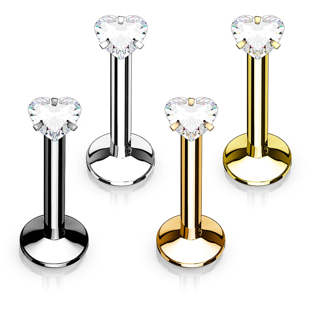 Internally Threaded Heart CZ Labret Monroe Ear Cartilage Studs - Image 2