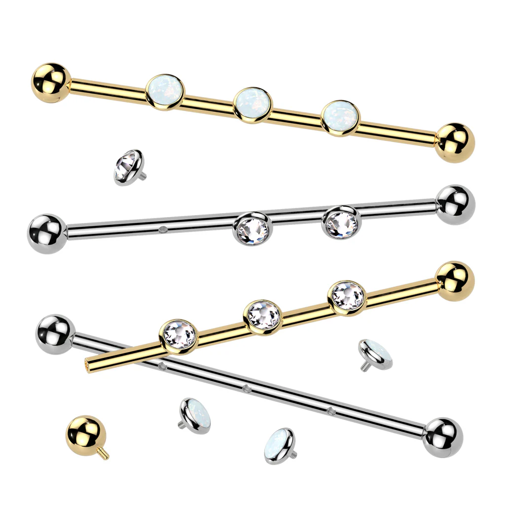 Internally Threaded Titanium Industrial Barbell with 3 CZ Or Opal Set
