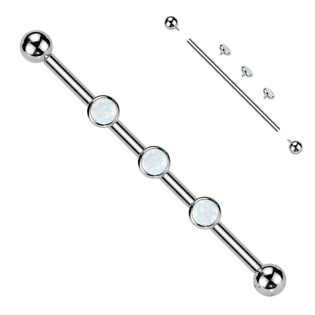 Internally Threaded Titanium Industrial Barbell with 3 CZ Or Opal Set - Image 3