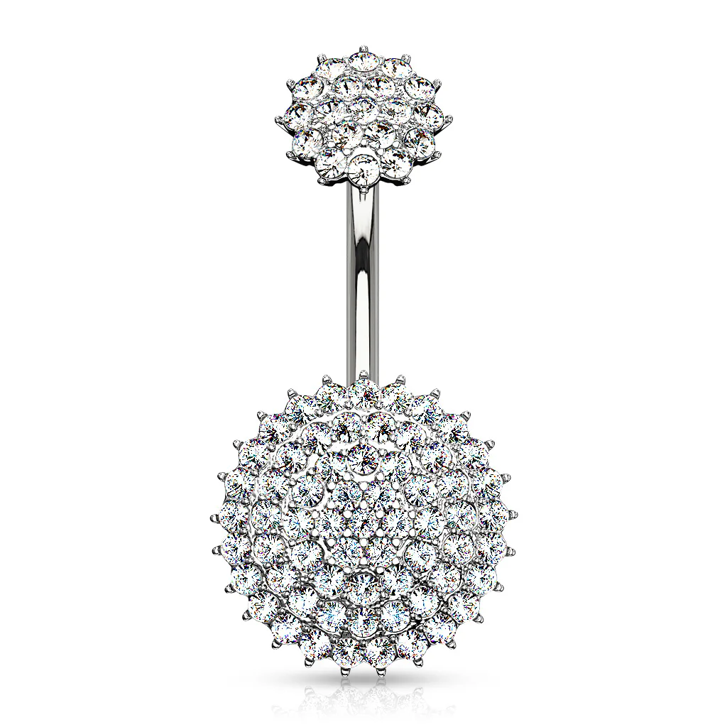 Internally Threaded Top CZ Paved Round Shields Navel Belly Button Ring - Image 2