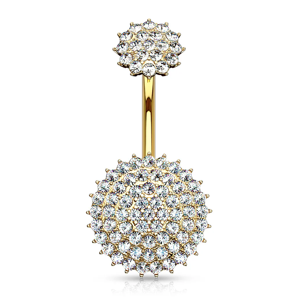 Internally Threaded Top CZ Paved Round Shields Navel Belly Button Ring - Image 3