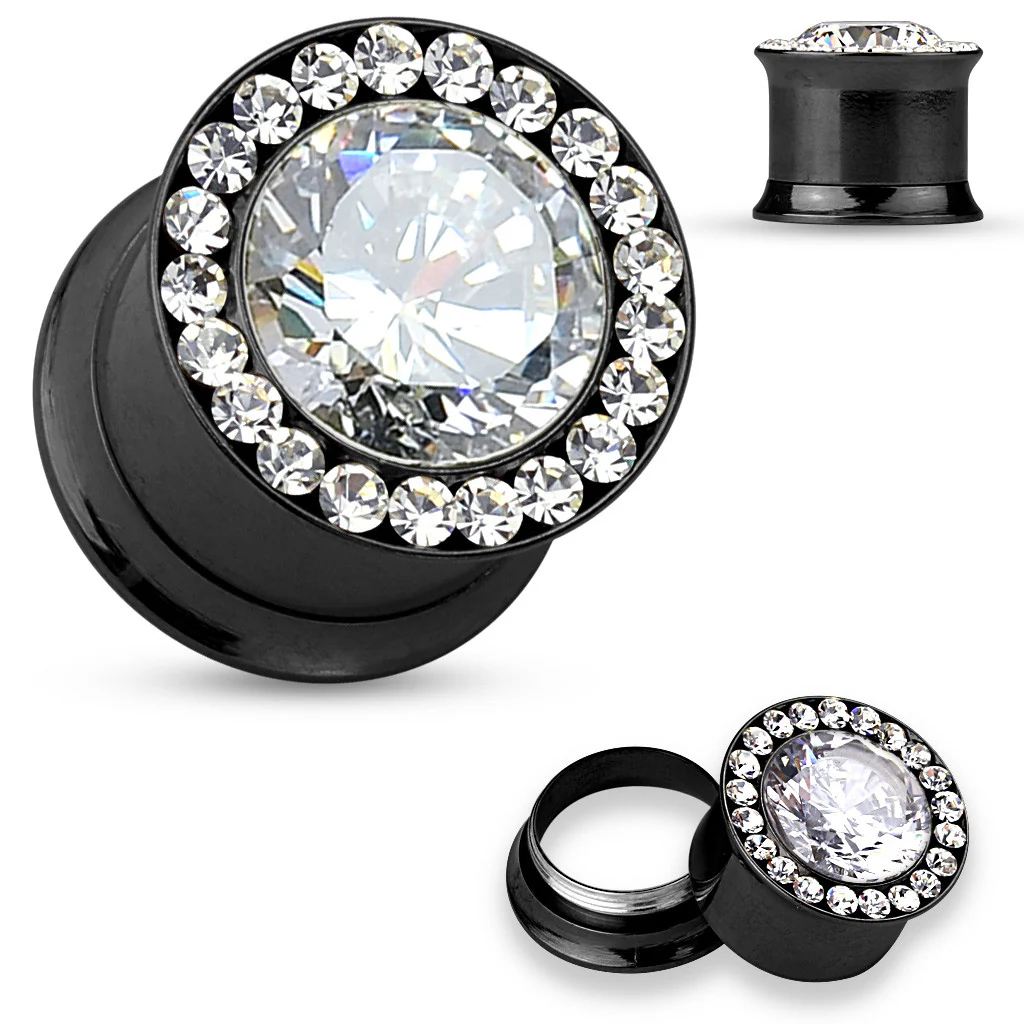 CZ Centered Surgical Steel Double Flared Screw Fit Tunnels - Image 4