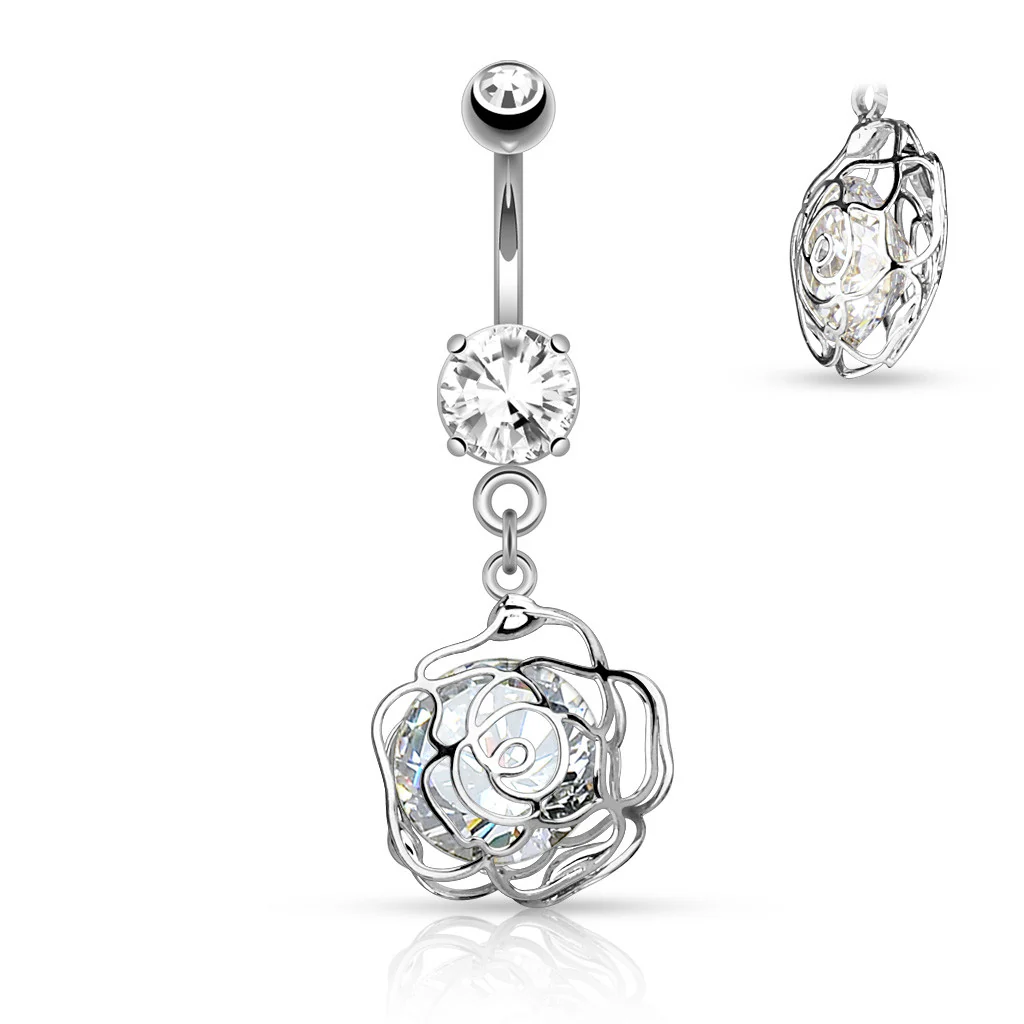 CZ Camellia Flower Dangle Surgical Steel Belly Button Navel Rings - Image 2