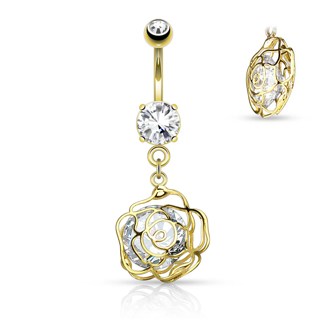 CZ Camellia Flower Dangle Surgical Steel Belly Button Navel Rings - Image 3