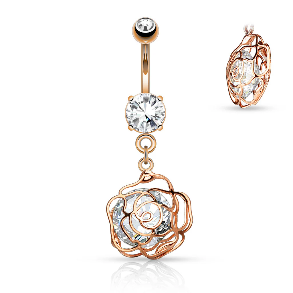 CZ Camellia Flower Dangle Surgical Steel Belly Button Navel Rings - Image 4