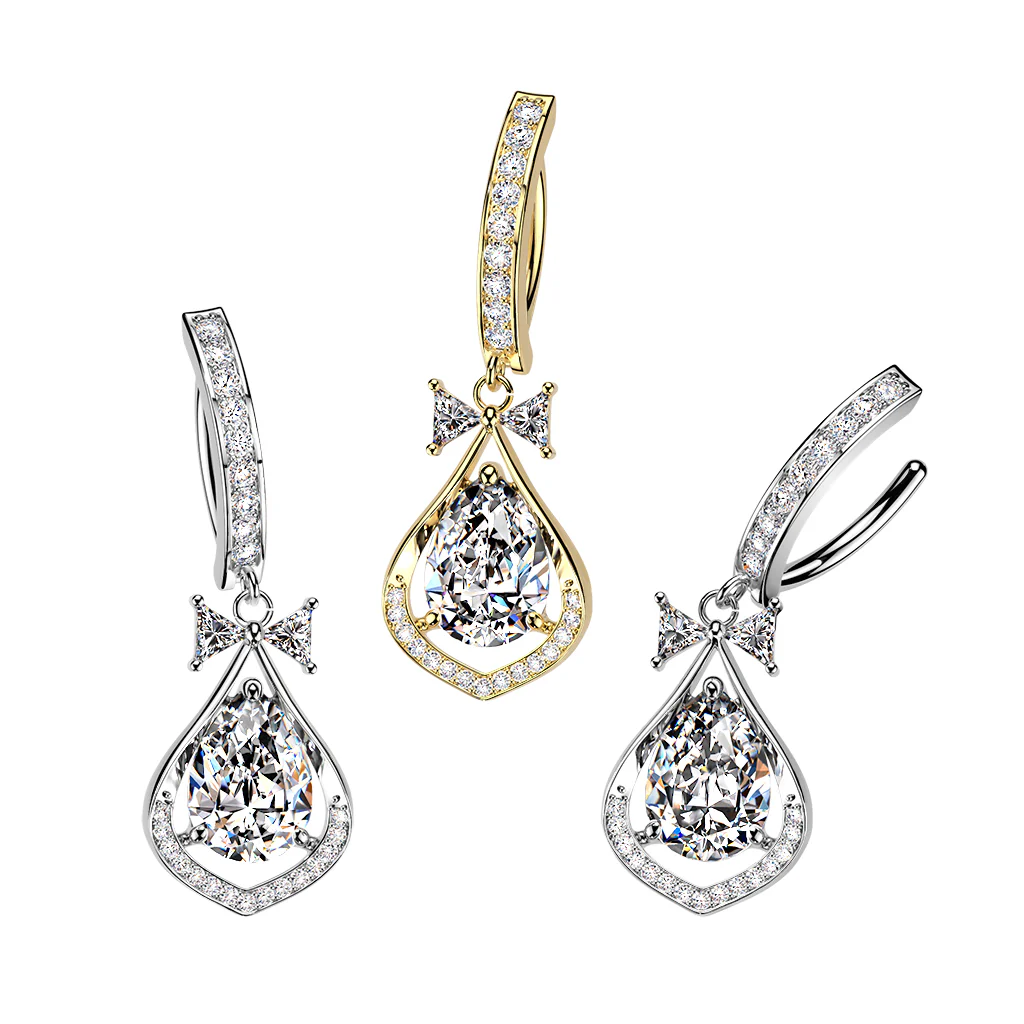 Large Pear CZ  Dangle Hinged Clicker Belly Button Ring - Image 3