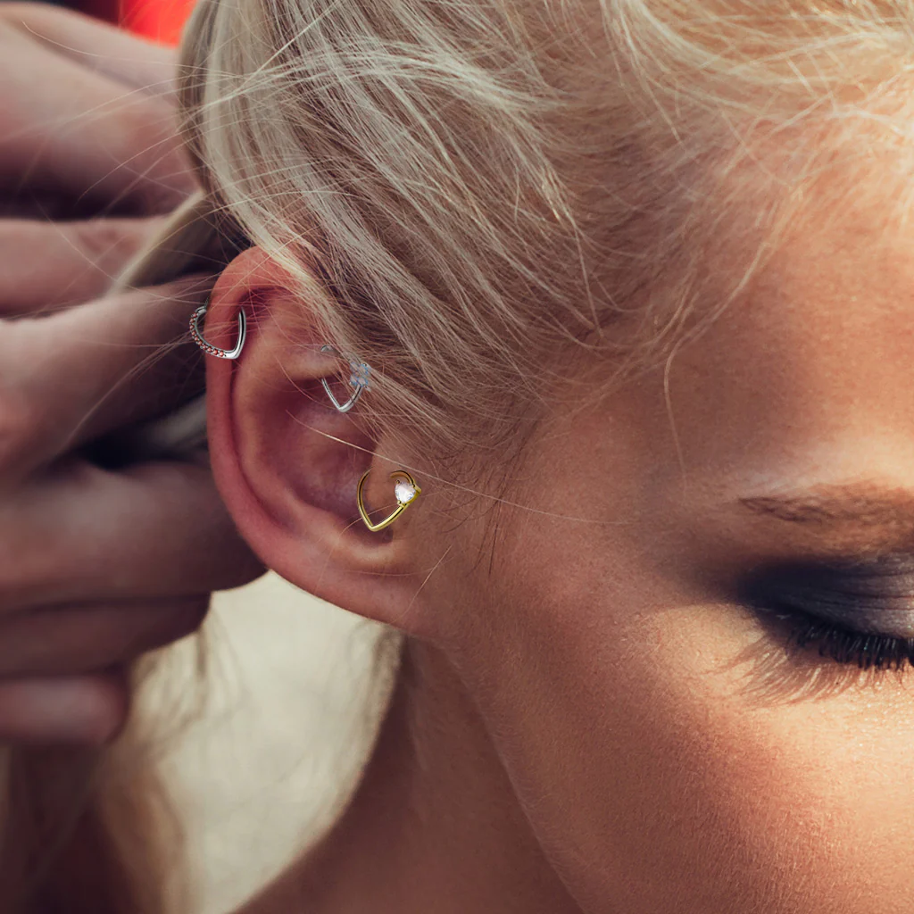 Lined CZ Heart Ear Cartilage Daith Helix Tragus Rings - Image 2