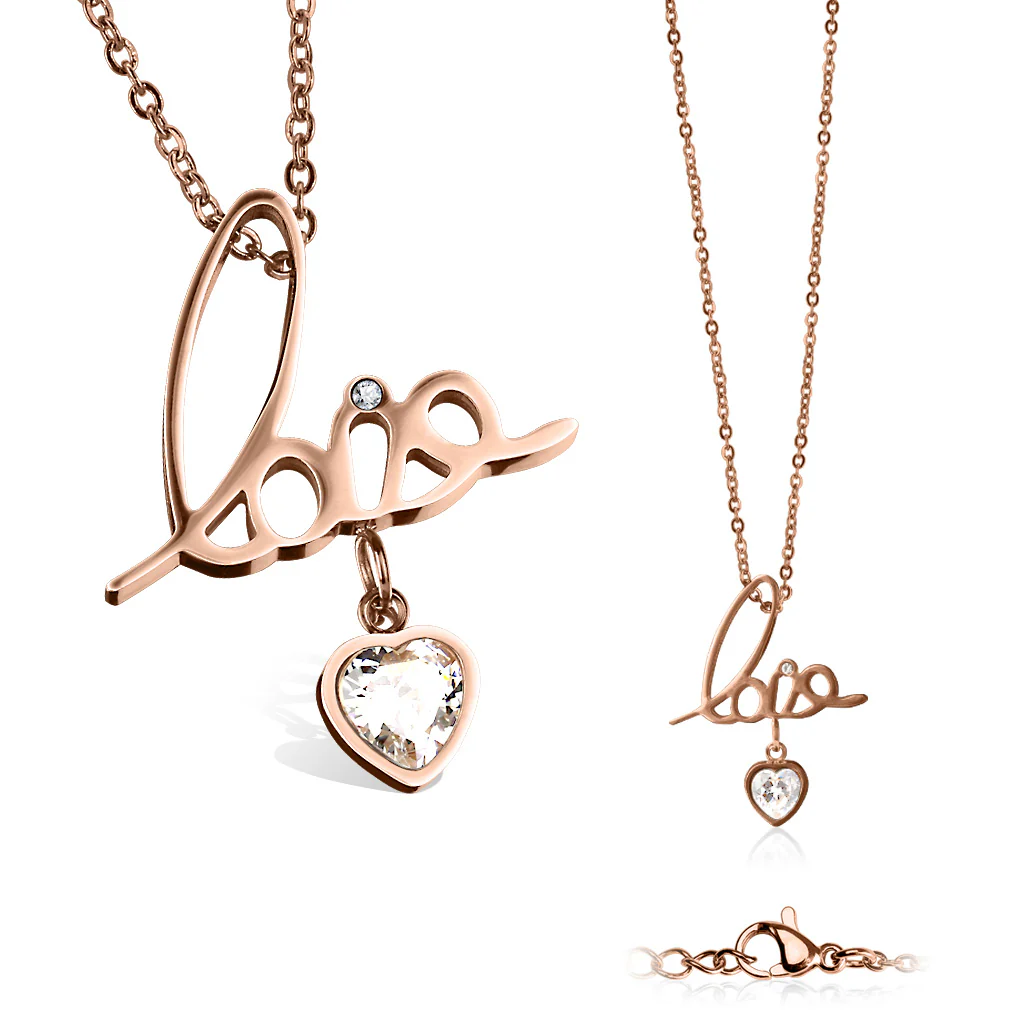 "Love" With Heart CZ Dangle Pendant Stainless Steel Chain Necklaces - Image 2