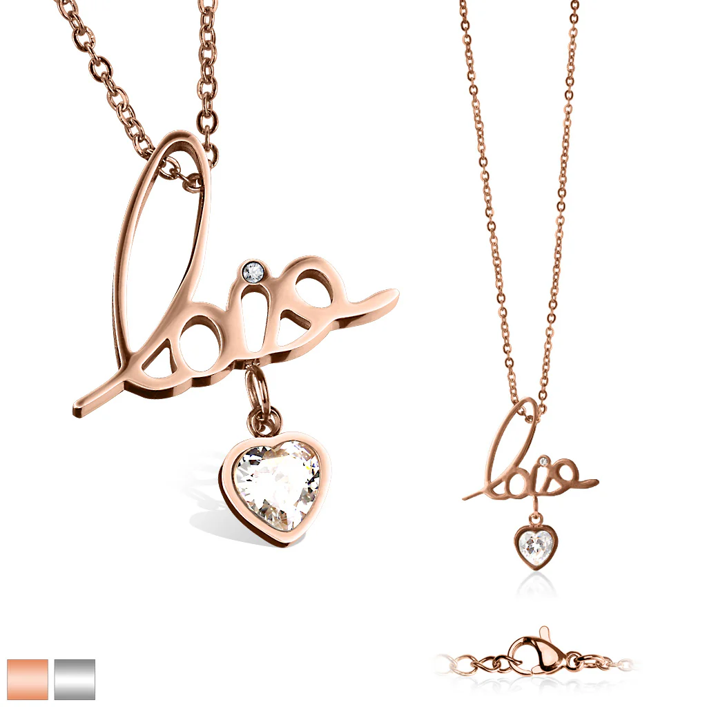 "Love" With Heart CZ Dangle Pendant Stainless Steel Chain Necklaces - Image 3