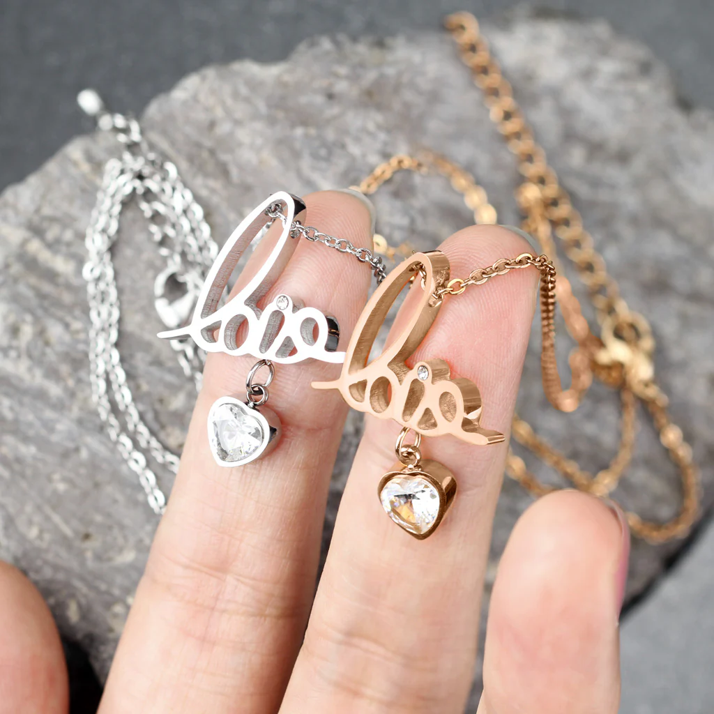 "Love" With Heart CZ Dangle Pendant Stainless Steel Chain Necklaces - Image 4