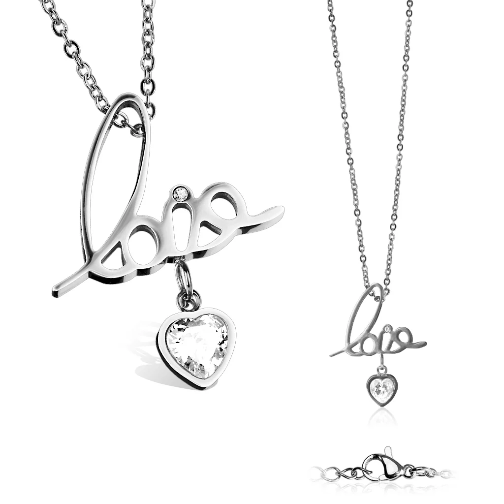 "Love" With Heart CZ Dangle Pendant Stainless Steel Chain Necklaces - Image 5