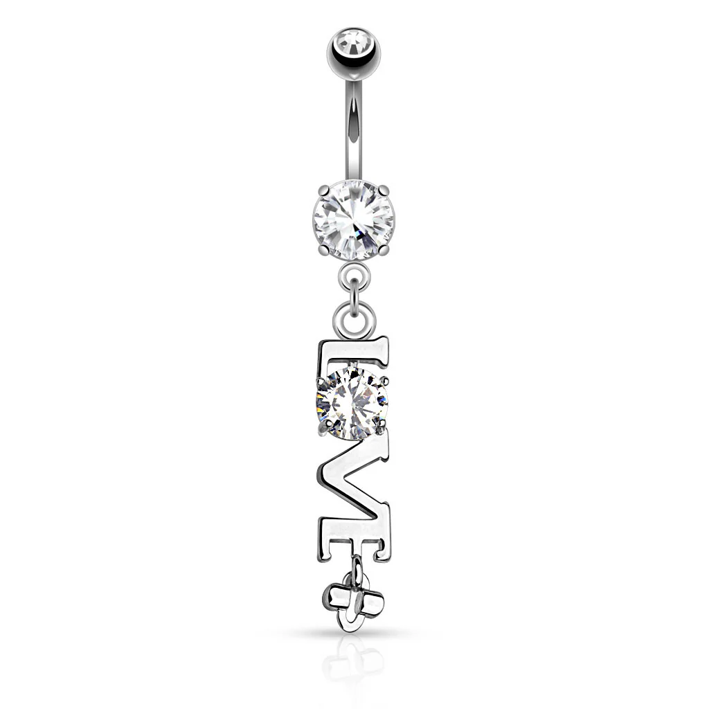 'Love' Word with Clear CZ Dangle Navel Belly Button Ring - Image 2
