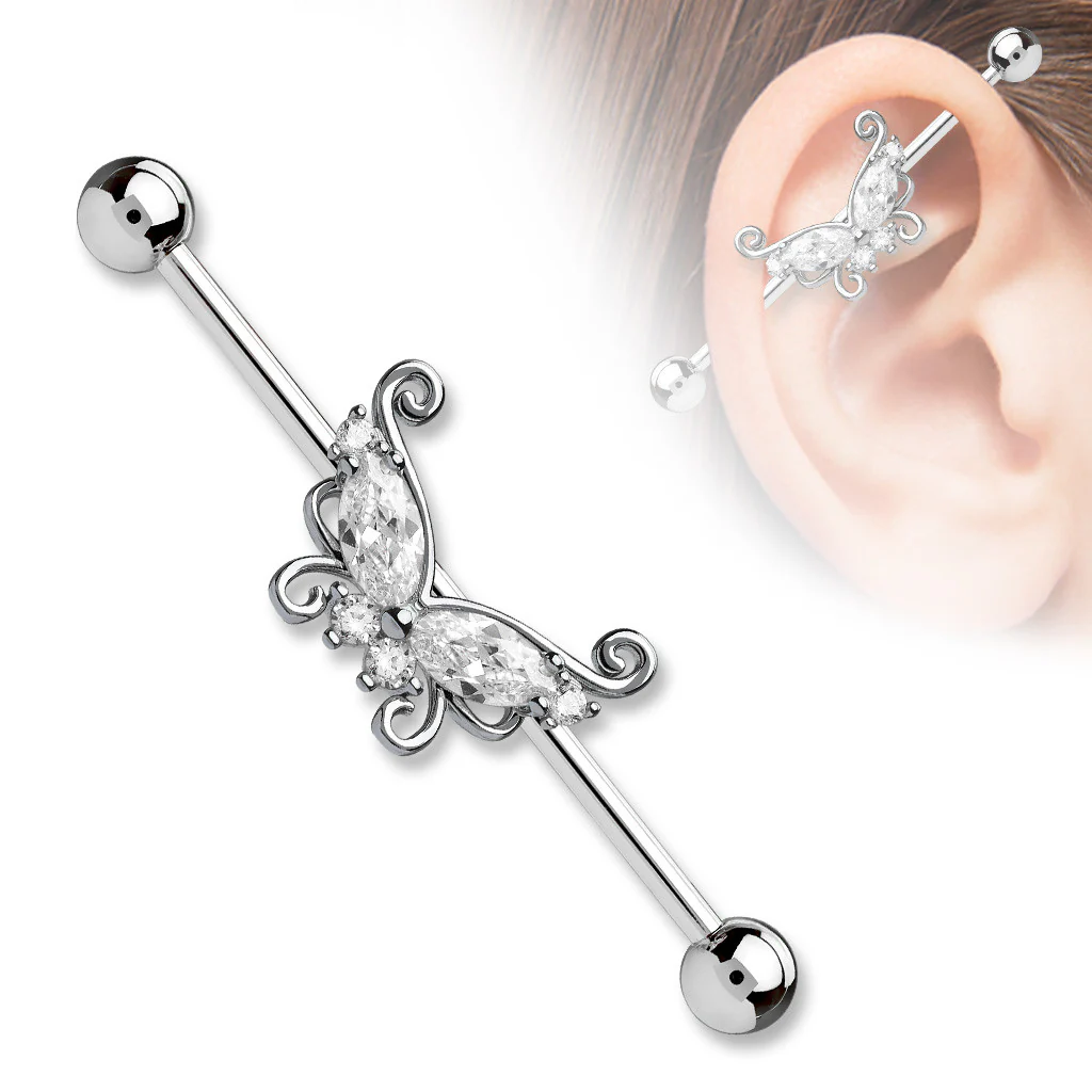 Marquise and Round CZ Butterfly Surgical Steel Industrial Barbells - Image 2
