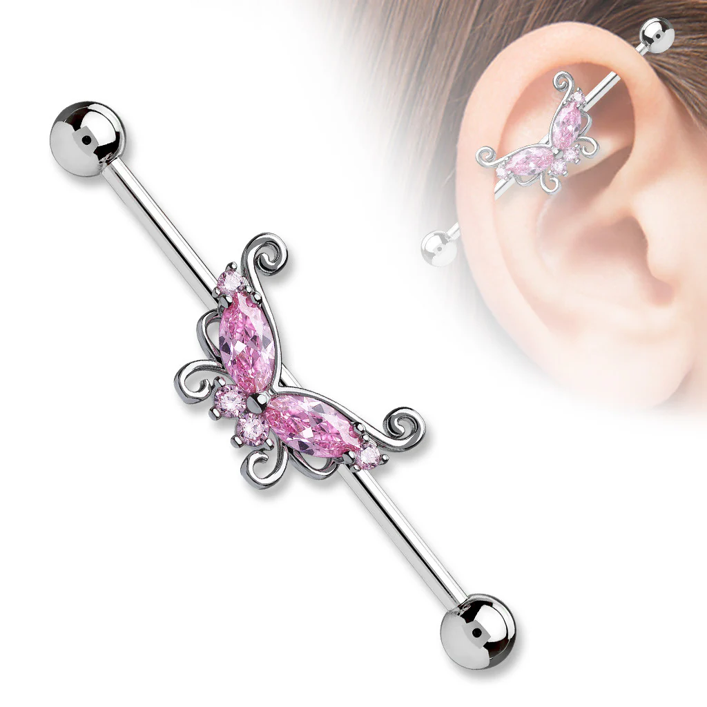 Marquise and Round CZ Butterfly Surgical Steel Industrial Barbells - Image 3