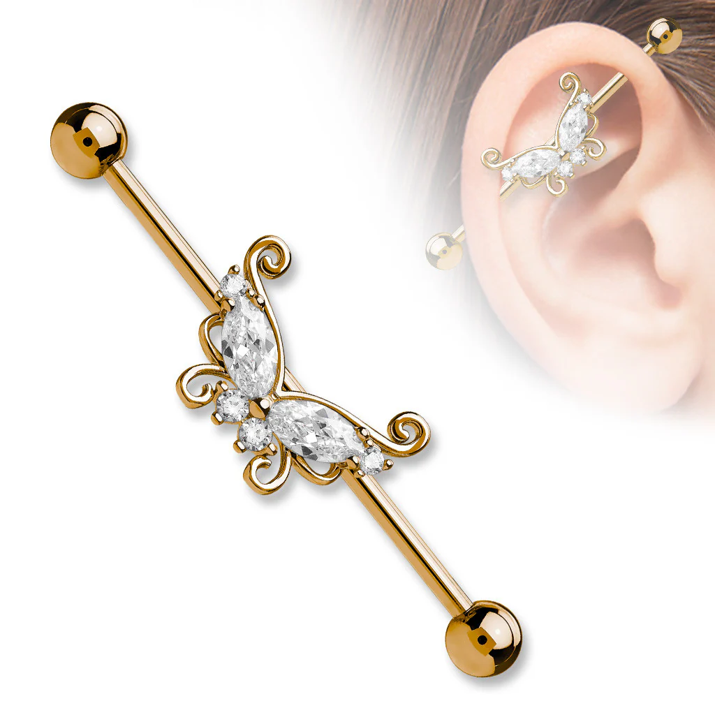 Marquise and Round CZ Butterfly Surgical Steel Industrial Barbells - Image 4