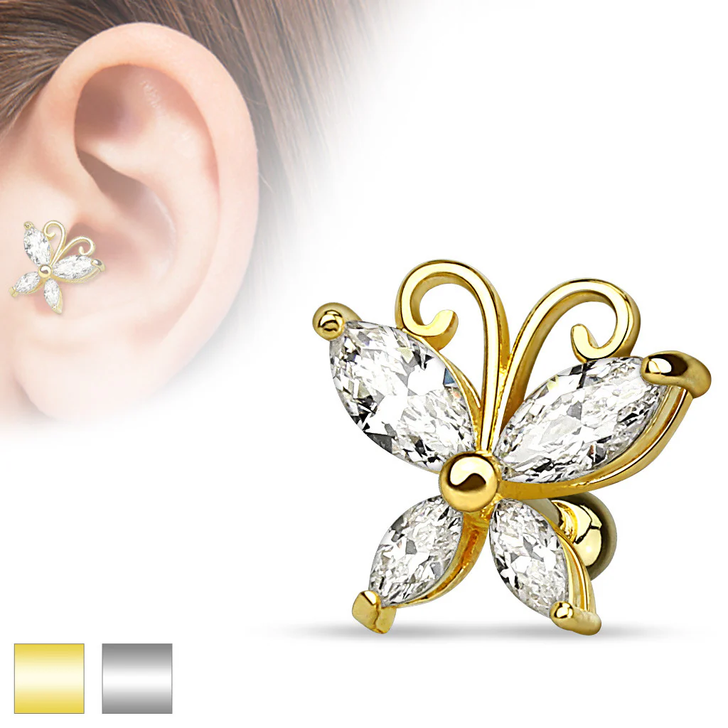 CZ Butterfly Gold Plated Cartilage Tragus Helix Barbell Stud