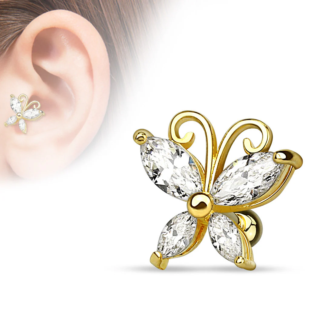 CZ Butterfly Gold Plated Cartilage Tragus Helix Barbell Stud - Image 2